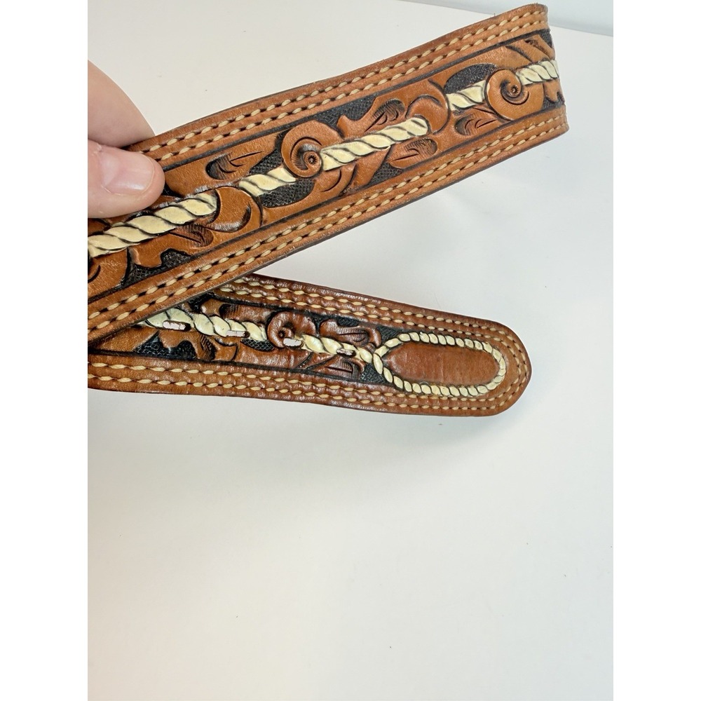 Tooled Leather Vintage Belt Tony Lama Western Cowboy 30" Rope Accent Design - Picture 3 of 7